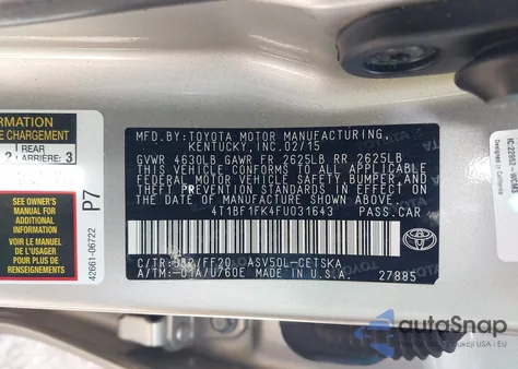 2015 Toyota Camry Se z USA, uszkodzony, nr VIN 4T1BF1FK4FU031643